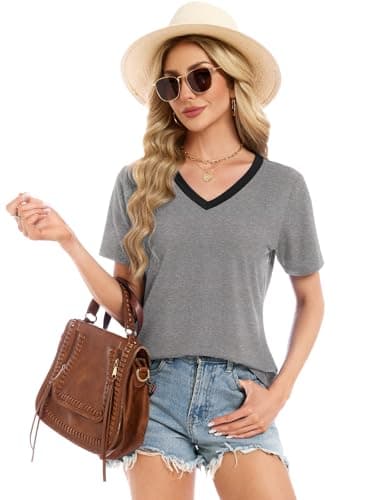 Womens Summer Tops Short Sleeve V Neck T Shirts Loose Fit Blouses Work Plus Size Tunic Vacation Boho Outfits, Grey/Black 3XL - Thumbnail 3