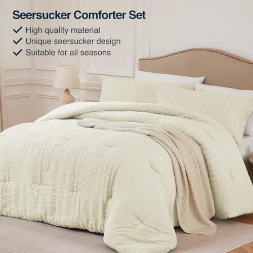 Quataly Queen Comforter Set Cream,3PCS Seersucker Lightweight Bedding Comforter for All Season, Queen Size(90''×90'' Comforter & 2 Pillowcases) - Thumbnail 4