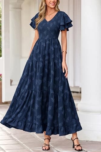 dowerme Maxi Dresses for Women 2026 Summer Ruffle Sleeve V Neck Smocked A Line Floral Boho Tiered Sundress Spring Outfit(Navy Blue,Small) - Thumbnail 6