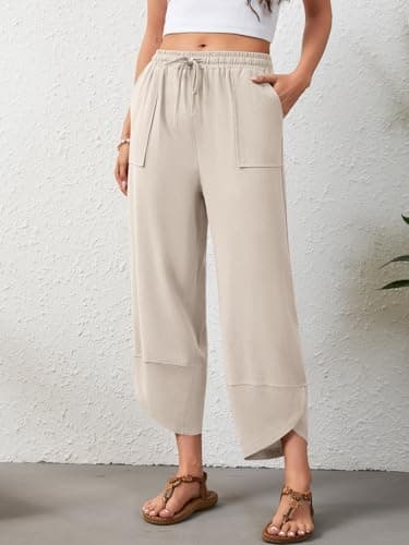 Jiflora Womens Cotton Linen Summer Palazzo Pants Drawstring Elastic Waist Trousers with Pockets Beach Pants Apricot XXL - Thumbnail 3