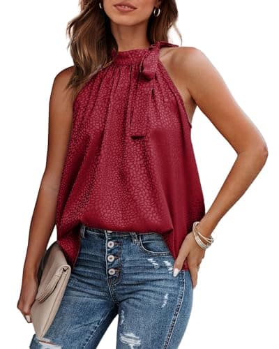 BTFBM Satin Halter Tops for Women 2026 Summer Spring Clothes Leopard Side Tie Bow Mock Neck Sleeveless Loose Tank Top(Wine Red, Medium) - Image 1