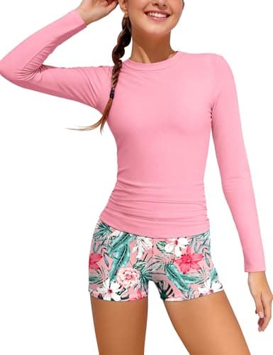 GEMLON Girls Rash Guard Swimsuit 2PCS Long Sleeve Rash Guard with Tropical Shorts Teen Swimsuits for Girls 12-14 - Image 1