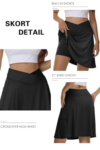 KORALHY Skorts for Women with Pockets Knee Length Athletic Skirt Golf Skirts for Women Tummy Control Tennis Skorts Black XL - Thumbnail 3
