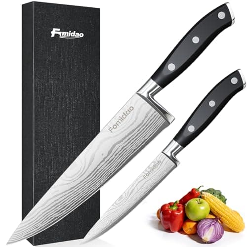 fomidao 2PCS Chef Knife Set, Razor Sharp Japanese Kitchen Knife Set, High Carbon Steel Damascus Pattern Chef's knives, Cooking Knife with Full Tang Handle Design for Home Kitchen