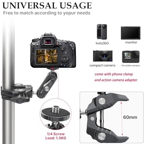 XIAOTJ Super Clamp Camera Mount with Magic Arm Double 360° Ballhead and Phone Tripod Mount/Action Camera Adapter for Phone/GoPro DJI Insta360/Monitor/DSLR/Motorcycle Bike Handlebar Gun Scope Mounts - Thumbnail 2