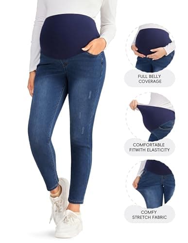 BRATUC Maternity Jeans for Women Stretchy Skinny Maternity Pants Comfy Slim Pregnancy Denim Pants with Pockets (Small Blue) - Thumbnail 3