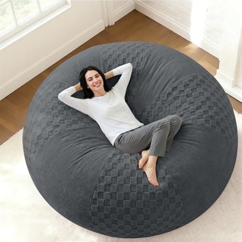 HABUTWAY 4FT Bean Bag Chair Teardrop Beanbag Chair with Memory Foam Filled Soft Plush Leaf alongside Checkboard Bean Bag Sofa with Removable Cover for Living Room,Bedroom-Plush Dark Grey - Image 1
