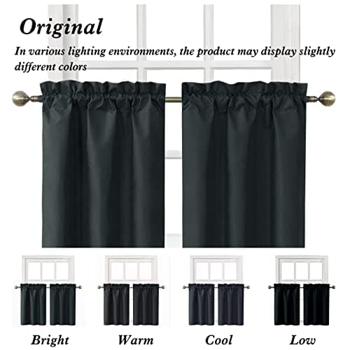 Home Queen Blackout Rod Pocket Tier Curtains for Small Window, Short Room Darkening Basement Curtains, Cafe Drapes, 2 Panels, 26 W x 30 L Inch Each, Black - Thumbnail 6