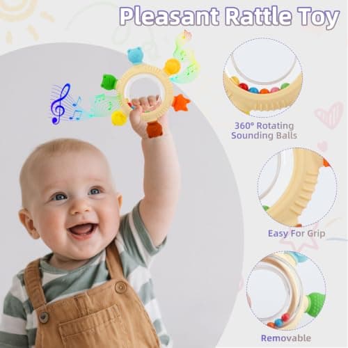 Baby Teething Rings Toys for 0-6 6-12 Months Animal Rattle Teether Sensory Toys for Babies 0-24Months Silicone Teether Relief Chew Soothing Sore Gums for Newborn Infant Essentials BPA Free (Animal) - Thumbnail 3