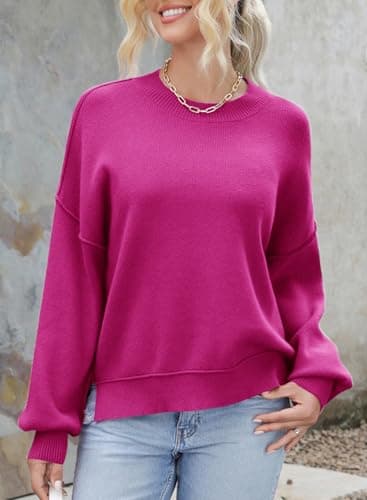 Dokotoo Oversized Sweaters for Women Crewneck Crop Ribbed Knit Tops Solid Color Patchwork Fall Winter Business Casual Pullover Sweater Trendy Rose Red Large - Thumbnail 3