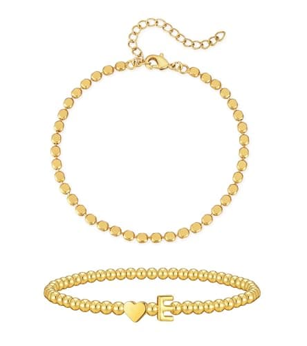 Wowshow Gold Bracelets for Women, Initial Beaded Bracelets with Heart Letter Charm E 18K Gold Plated Stretch Initial Jewelry Gifts for Mother Girlfriend - Image 1