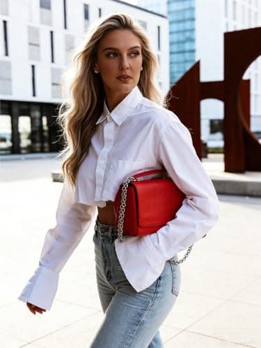 Morzq White Button Down Shirt Women Cropped Long Sleeve Oversized Top Womens Asymmetrical Blouse All White M - Thumbnail 4