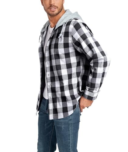 SWISSWELL Mens Plaid Button-up Hoodies Loose Fit Long Sleeve Cotton Casual Tops Lightweight Hooded Flannel Shirt with Pockets White Black - Image 1