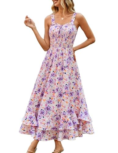 GRACE KARIN Women's 2026 Summer Floral Boho Dress Square Neck Strapped Swing A Line Sundress Beach Long Maxi Outfits Purple Yellow L - Image 1