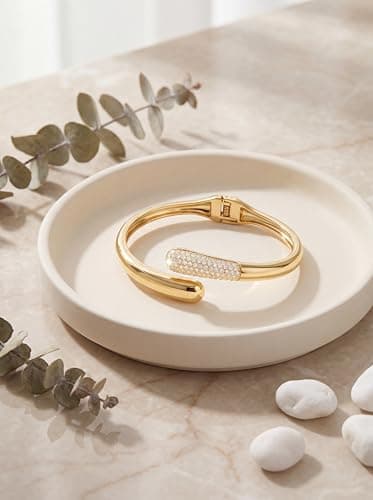 mulanci Gold Cuff Bracelets for Women, 14K Gold Plated Open Cuff Bangle Bracelet with CZ Pave, Minimalist Stackable Chunky Gold Bracelet for Women - Thumbnail 2