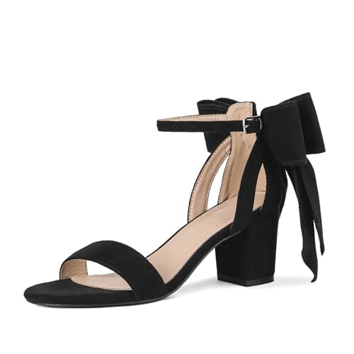 Yremael Women's Heeled Sandals Black Bow Round Open Toe Buckle Chunky Block Heel Comfortable Wedding Dress Shoes - Thumbnail 6