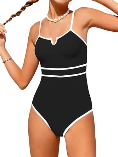 AMAWMW Girls Swimsuit V-Neck Cutout One Piece Bathing Suit Color Block Line Swimwear 7-16y, Black, 11-12Y - Image 1
