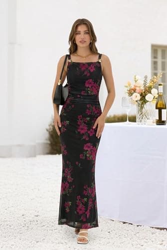 ZAFUL Pink Flower Dress Wedding Guest Dress for Women's Sexy Dress Formal Sleeveless Mesh Ruched Bodycon Maxi Party Long Dresses Sexy - Thumbnail 3