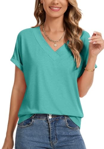 Dimur Womens V Neck T Shirts Fashion Clothing Short Rolled Sleeve V Neck Cute Tops Business Casual Shirts Tunic Tops Cyan XX-Large - Thumbnail 4