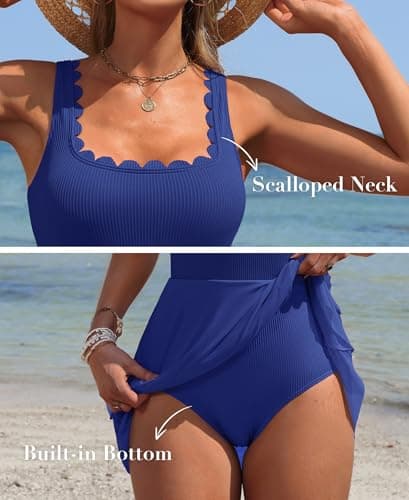 Charmo Womens Swimsuits Tummy Control Swim Dress for Women Swimwear Full Coverage Mesh Sheer Bathing Suit Blue S - Thumbnail 4