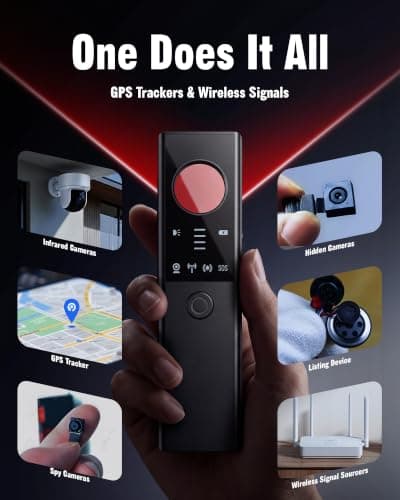 QLUNMOU Hidden Camera Detectors - 6-in-1 GPS Tracker & Bug Detector, Anti-Spy Device, Portable Privacy Protector for Solo Users/Hotel/Office/Home/Car with Intrusion Alert & SOS Flash Alert, Black - Thumbnail 2