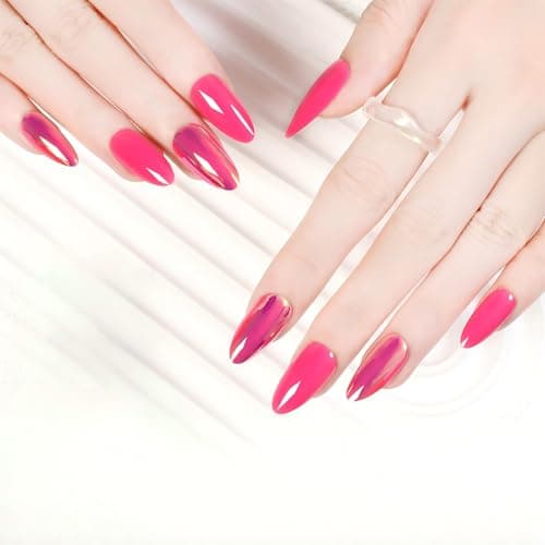 ZANVIA Nails Press Ons Almond - Hot Pink Glossy Iridescent Reusable Acrylic False Nails for DIY Manicure, 24 Nails in 12 Sizes with Glue, Adhesive Tabs, Nail File, Prep Pad, Manicure Stick - Thumbnail 4