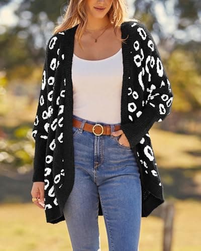 BTFBM Leopard Cardigan for Women Long Sleeve Open Front Cardigans Sweaters Pockets Loose Knit 2026 Fall Winter Outwear(Black, Large) - Thumbnail 2