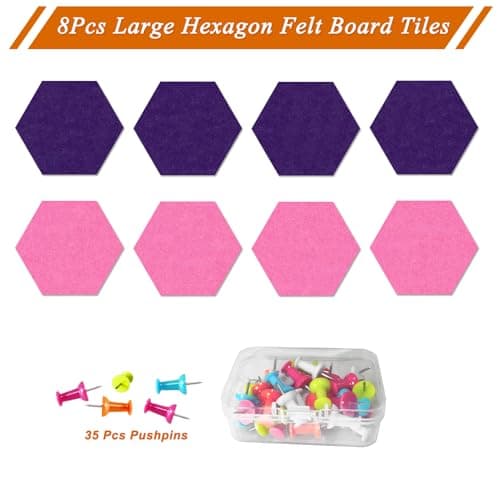 HULAVO Large Hexagon Felt Cork Board Tiles, Self Adhesive DIY Felt Bulletin Board Pin Board with 35 Pushpins for Office School Home Wall Decor Stickers Memos Photos Display(Purple+Pink) - Thumbnail 5