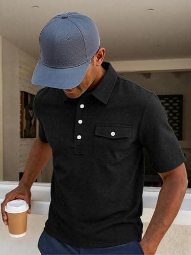 JEMLDL Men Short Sleeve Polo Shirts Stretch Slim Fit Shirt with Pocket Business Casual Summer Work Comfort T-Shirt Black M - Thumbnail 3