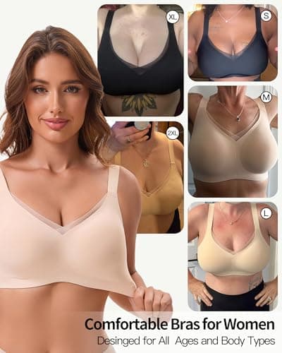 COMFBAY Women's Jelly Wireless Bras, V-Mesh Gel Seamless Comfortable Push-Up Bra, No Underwire Supportive T-Shirt Bralette, Back Smoothing Everyday Padded Bra, Full Coverage Bra, Nude, L - Thumbnail 6