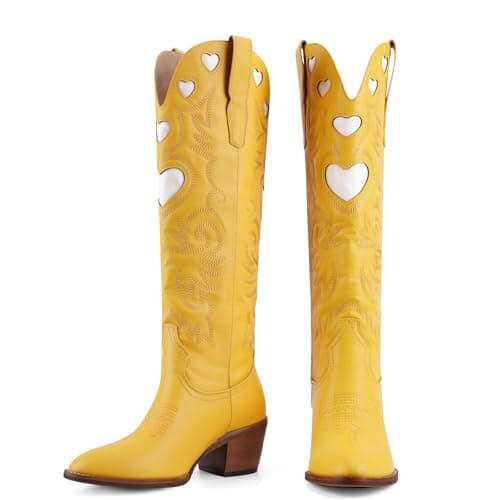 POYOIOR Yellow Cowgirl Western Boots for Women Heart Pattern Classic Embroidered Vintage Tall Booties Round Toe Chunky Stacked Heel Cowboy Boot Pull on 2025 Fall Winter Size 7.5 - Image 1