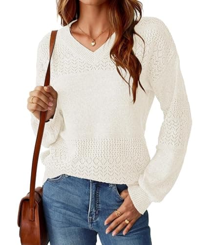 NORACORA Women's V Neck Fall Sweaters Crochet Soft Lightweight Ribbed Knit Loose Pullover Sweater Long Sleeve Tops 2025 Trendy Outfits White - Thumbnail 6