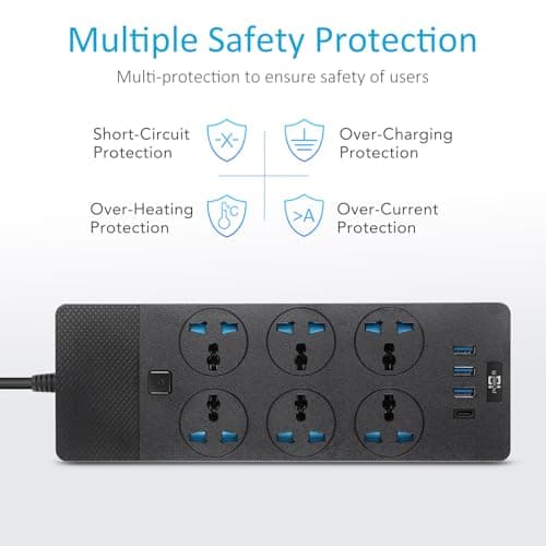 Universal Power Adapter, Jumpso 3000w Power Strip with 4 USB Ports (1 USB C), 6ft Extension Cord with International Outlets, 110-240v, European Travel Plug Adapter for Home Office Travel, Black - Thumbnail 4
