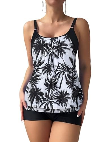 ZAFUL Two Piece Tankini Swimsuit for Women Tummy Control Bathing Suit with Boy Shorts Blouson Swimwear 0-Coconut Tree S - Image 1