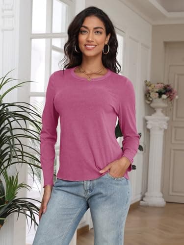 COCOMARTS Womens Long Sleeve Crewneck Knit Basic Tops Loose Casual Shirt 2025 Fall Winter Outdoor Thermal Undershirts Red Medium - Thumbnail 2
