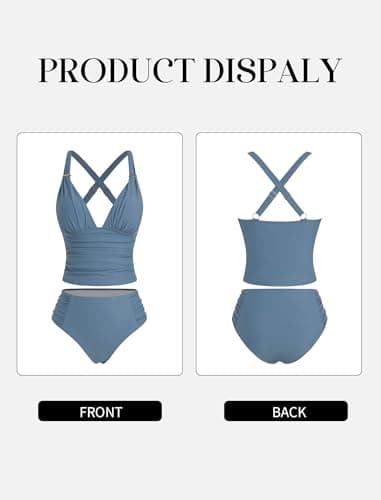 ZAFUL Tankini Swimsuits for Women Tummy Control Bathing Suits Two Piece Swimwear with Ruched Shorts Blue L - Thumbnail 6