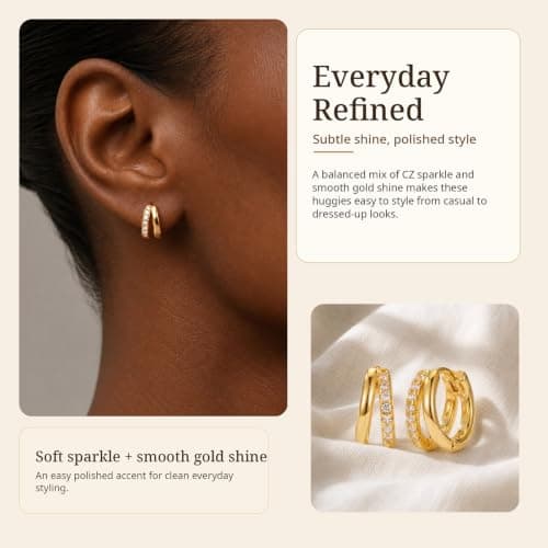 Small Gold Huggie Hoop Earrings for Women, Cubic Zirconia Double Hoops - Thumbnail 5