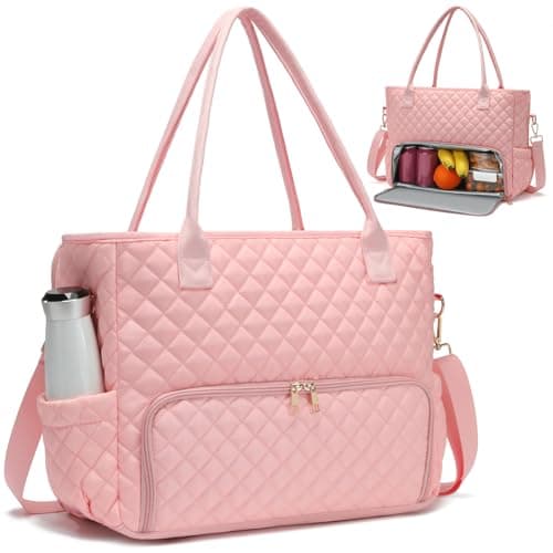 AHHZOOPLL 2-in-1 Lunch & Laptop Tote Bag｜15.6" Work Bags for Women｜Water-Resistant Polyester Casual｜Insulated Leakproof Lunch Compartment｜Teacher Nurse Bag｜Laptop Briefcase for Office Travel｜Pink
