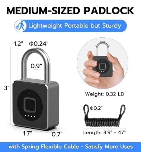 eLinkSmart Fingerprint Gym Locker Lock, Keyless Biometric Padlock, Weatherproof Electronic Digital Smart Combination Pad Lock for Outdoor Fence Gate Storage Helmet Ski Pool Shed (Black, with Cable) - Thumbnail 6