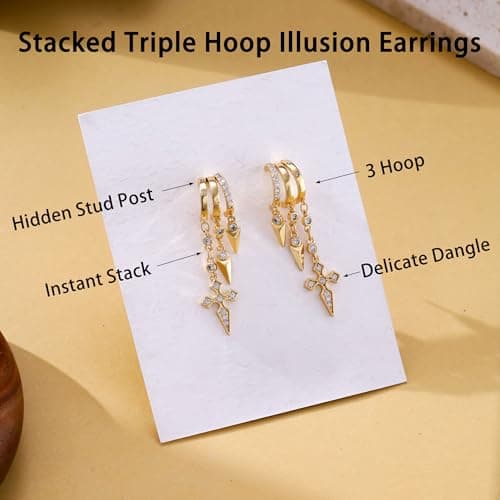 Gold Dangle Earrings for Women, 14k Gold Plated Statement Triple Hoop Illusion Gold Cross Earrings Cubic Zirconia Huggie Earrings for Women Trendy - Thumbnail 6
