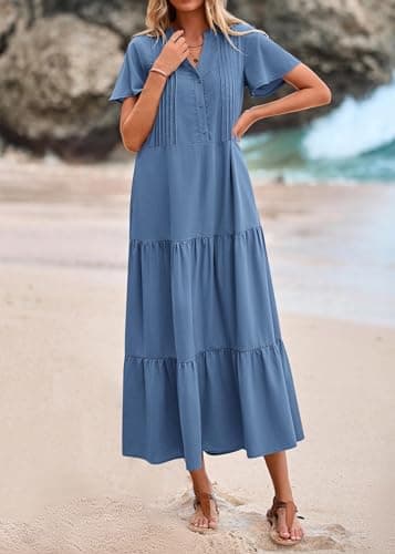 KIRUNDO Summer Maxi Dresses for Women 2026 Spring Fashion Short Sleeve Button V Neck Pleated Loose Tiered Swing Flowy Dress(Blue, Large) - Thumbnail 4