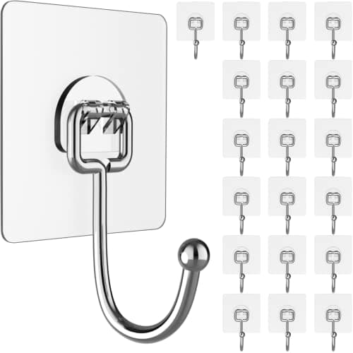 Large Adhesive Hooks for Hanging Heavy-Duty 44Ib(Max) 20 Packs, Wall Hangers without Nails Self-Adhesive Traceless Clear and Removable, Waterproof and Rustproof Multiple Uses for Bathroom Kitchen Home - Image 1