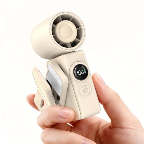 Portable Clip-On Mini Fan, Hands-Free, Turbo Personal Handheld Fans Rechargeable w/ 4 Wind & LED Display, Pocket Size Summer Cooling Essentials for Travel/EyeLash/Beach/Concert, Gifts for Women(Ivory)