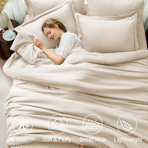 FUANNA California King Comforter Sets Beige, 7 Pieces Cal King Size Bedding Set, All Season Lightweight Bed in a Bag with Comforter, Flat Sheet, Fitted Sheet, Pillowcases & Shams - Thumbnail 3