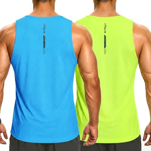 KPSUN Men's Tank Tops Quick Dry Athletic Gym Fitness Muscle Sleeveless Shirts for Beach Running Workout Casual(Azure/Neongreen 2XL) - Image 1