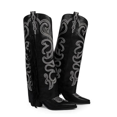 QIY Cowboy Boots for Women Black Fold Over Cowgirl Boots Knee High Cow Boy Pointed Toe Chunky Block High Heel Cow Girl Fringe Boot Wide Calf Western Embroidered with Tassels Shark Boot Size 7.5 - Thumbnail 5