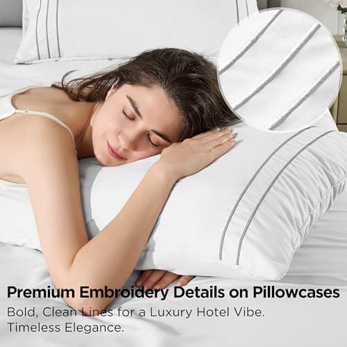 Baskbed Full Size 4 Piece Sheet Set with Embroidered Pillowcases, Ultra-Soft Microfiber Comfy Breathable & Cooling Bed Sheets, Deep Pocket Fitted Sheets and Hotel Luxury Cozy Flat Sheets, White - Thumbnail 2