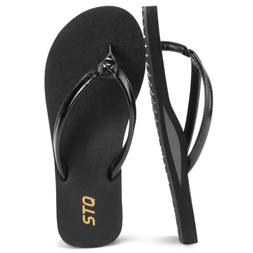 STQ Women's Orthopedic Flip Flops Lightweight Arch Support Beach Sandals All Black US Size 11 - Image 1
