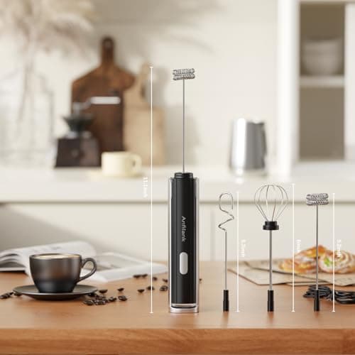 Anfilank Handheld Milk Frother Wand with Folding Stand, Rechargeable Electric Whisk with 3 Speeds & 3 Stainless Heads, Milk Foam Maker with Stand for Latte, Cappuccino, Hot Chocolate, Egg - Thumbnail 2