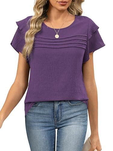 Funlingo Blouses for Women Dressy Casual Short Ruffle Sleeve Crew Neck Tops Summer Flowy Pleated Shirts Business Office Work Clothes Purple XL - Image 1